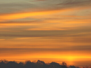 Colorful dark sky with orange clouds before sunrise over dark horizon with trees and mist on autumn. Topics: nature, natural environment, season, weather, meteorology, atmosphere, air space, morning