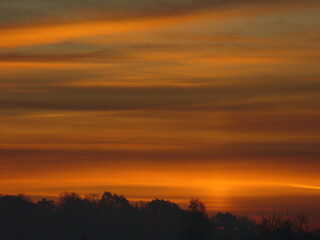 Colorful dark sky with red clouds before sunrise over dark horizon with trees and mist on autumn. Topics: nature, natural environment, season, weather, meteorology, atmosphere, air space, morning
