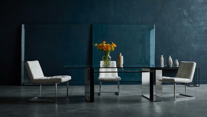 Modern glass table set against a deep blue wall.
