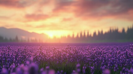 Lavender fields bloom under a colorful sky at sunset in a tranquil mountainous landscape