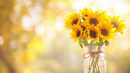 Obraz premium A yellow vase with sunflowers sits on a wooden table in front of a blurry background