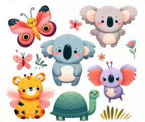 Fototapeta premium A charming set of illustrated cute animals, perfect for children’s products or educational materials. The image features a variety of colorful cartoon animals, including a lizard, tiger, kitten, dog, 