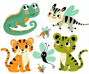 Obraz premium A charming set of illustrated cute animals, perfect for children’s products or educational materials. The image features a variety of colorful cartoon animals, including a lizard, tiger, kitten, dog, 