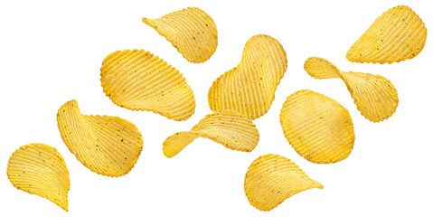Ridged potato chips isolated on white background with clipping path