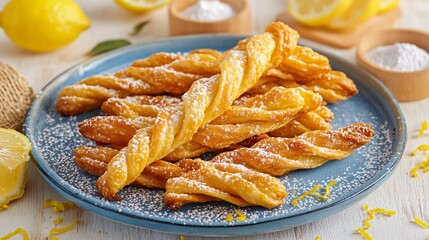 Traditional Faworki twists on a blue stone plate, surrounded by lemon zest and small bowls of powdered sugar, on a soft cream backdrop