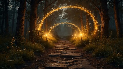 Naklejka premium Mystical pathway with golden sparks.