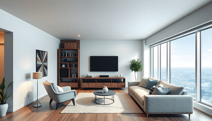 Fototapeta premium Modern home living room interior with sofa, armchair and tv, panoramic window isolated with white highlights, png