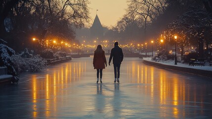 Fototapeta premium Couple Ice Skating on a Frozen Canal at Dusk