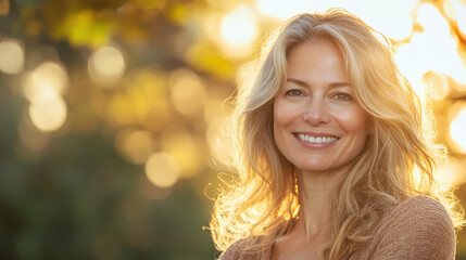 Fototapeta premium Smiling Woman with Nature Blurred in Background