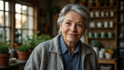 Obraz premium Older woman with gray hair in her garden shop, exuding warmth.