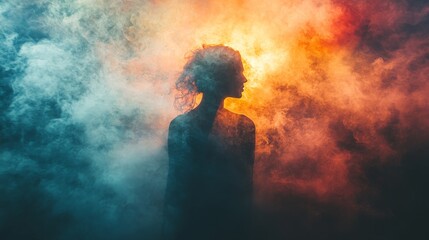 Obraz premium A silhouette emerging from colorful smoke during an artistic photography session at dusk