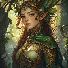A beautiful elven woman with long red hair and green eyes, wearing a golden crown, green armor, and a cloak, standing in a forest.