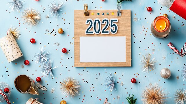 olished brass frame with a “2025” New Year emblem at the top, bordered by mini fireworks, with a clean center for personalized greetings.