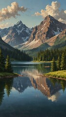 Painting of a serene mountain valley with a lake.