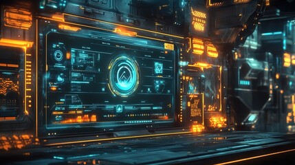 Obraz premium A computer monitor displaying a loading screen with futuristic graphics, representing a game loading sequence with progress bar and glowing icons