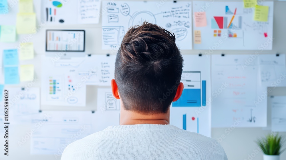 Aufkleber a professional analyzing data and charts on a wall in a modern workspace.