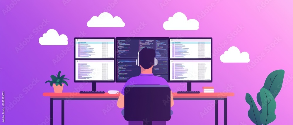 Poster a programmer working on multiple screens with a plant on a desk, modern workspace, digital coding en