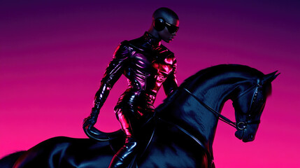 Futuristic rider in neon purple on sleek black horse