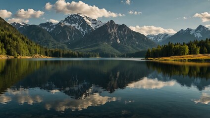 Panoramic mountain range with a lake in the foreground.