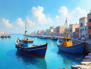 Obraz premium Serene Greek Harbor Landscape: Colorful Ships with Blue Hulls Under a Bright Sky