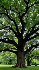 Obraz premium Majestic oak tree with sprawling branches and rough fissured trunk in lush green canopy