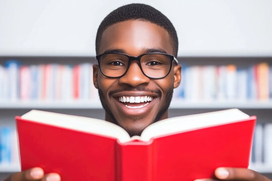 Smiling reader enjoying a red book in a library with bookshelves in the background