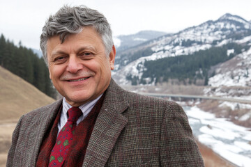 Smiling man in tweed suit with scenic mountain background