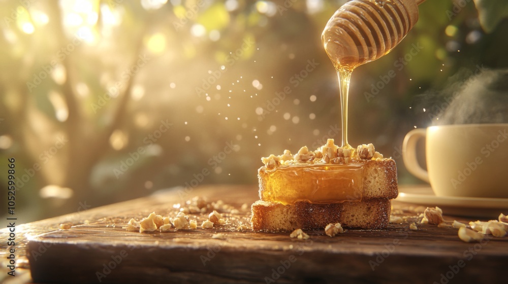 Poster Golden Honey Dripping Over Toast in Soft Light