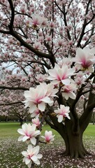 Magnolia tree in full bloom twisted branches pink and white blossoms