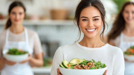Group of women preparing healthy salads in a bright kitchen during a cooking class