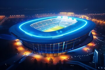Obraz premium A futuristic football stadium with bright lights, captured in a 3D render at night, showing detailed architecture