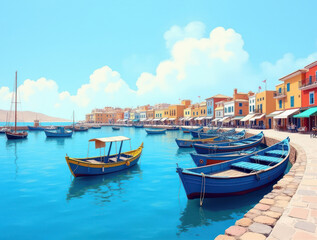 Fototapeta premium Serene Greek Harbor Landscape: Colorful Ships with Blue Hulls Under a Bright Sky