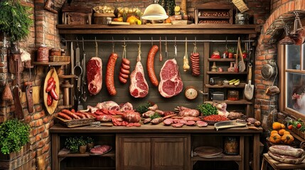 Rustic meat display in a charming butcher shop
