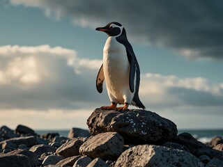 Fototapeta premium Penguin standing atop a pile of rocks.