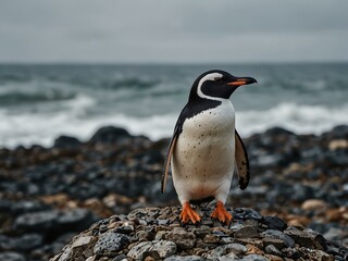 Obraz premium Penguin standing atop a pile of rocks.
