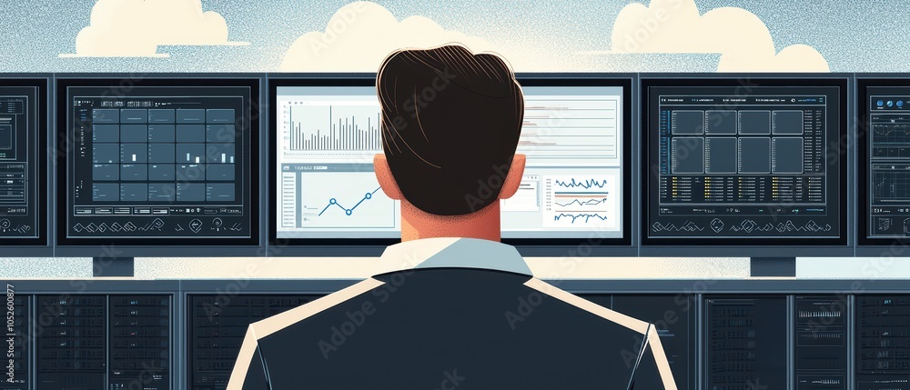 Poster businessman analyzing data on multiple screens in modern office environment.