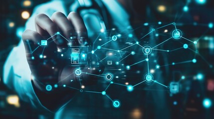A business professional hand interacting with a holographic health care system, illuminated by digital symbols and network connections, representing advanced medical technology
