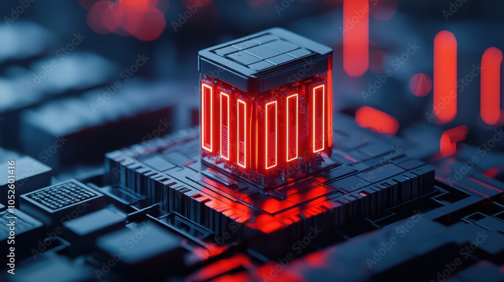 Poster close-up of a futuristic microchip illuminated in red, showcasing intricate circuitry and technology