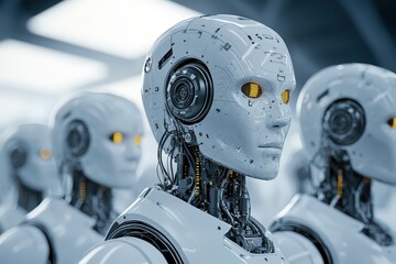 Fototapeta premium Close-up of advanced humanoid robots with intricate designs and glowing eyes, showcasing futuristic technology.