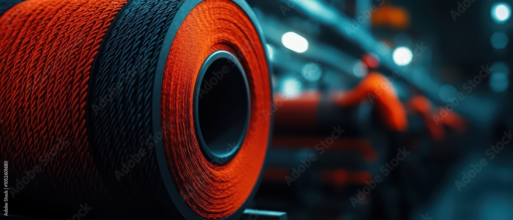 Aufkleber close-up of vibrant red and black threads on spools in a textile factory environment.
