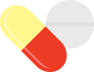 Yellow red pill capsule and a white round pill icon. Vector illustration.