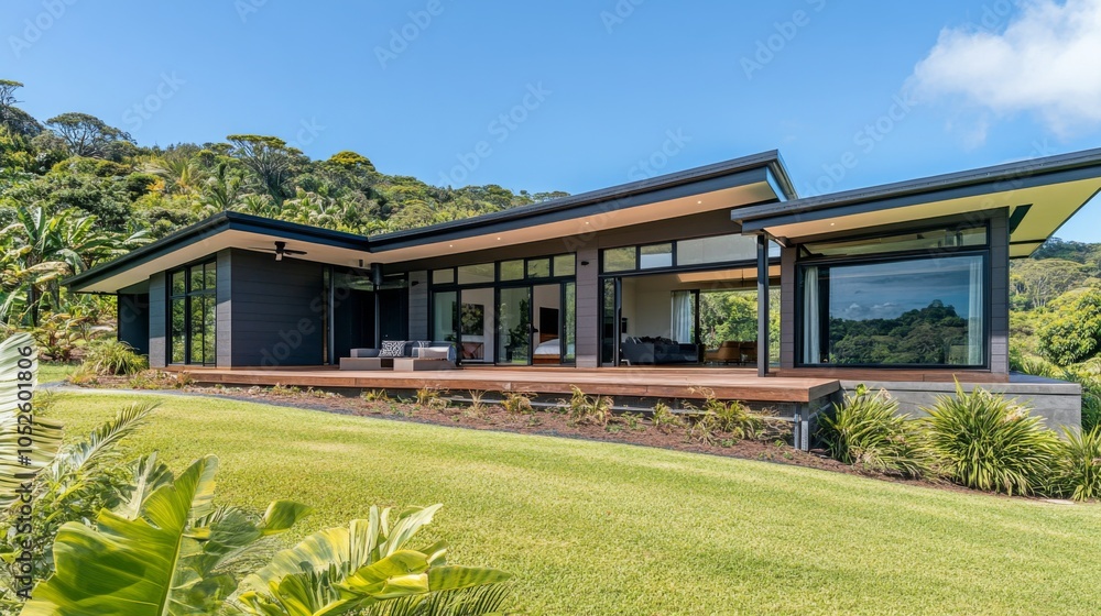 Poster modern home with large windows in lush landscape