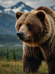 Fototapeta premium Postcard of a grizzly bear in front of Alaskan mountains.