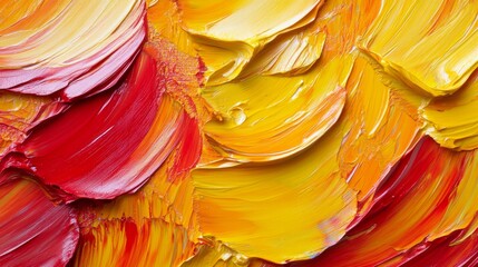 Intricate oil paint brush strokes in yellow and red, creating an abstract and textured background,...