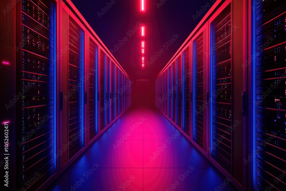 Poster colorful server room with illuminated racks in a modern data center, creating a futuristic atmospher