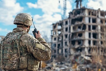 Fototapeta premium Soldier in tactical gear using a radio in front of a destroyed building, coordinating during a military mission in an urban war zone