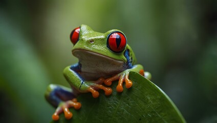 Fototapeta premium Red-eyed tree frog on a green leaf in the tropical forest.