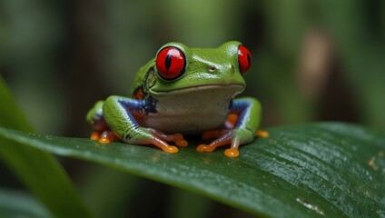 Naklejka premium Red-eyed tree frog on a green leaf in the tropical forest.