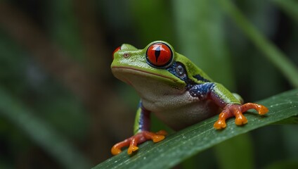 Naklejka premium Red-eyed tree frog on a green leaf in the tropical forest.