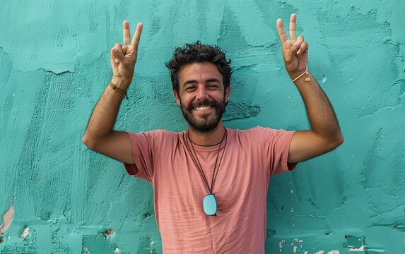 Happy man in front of turquoise wall